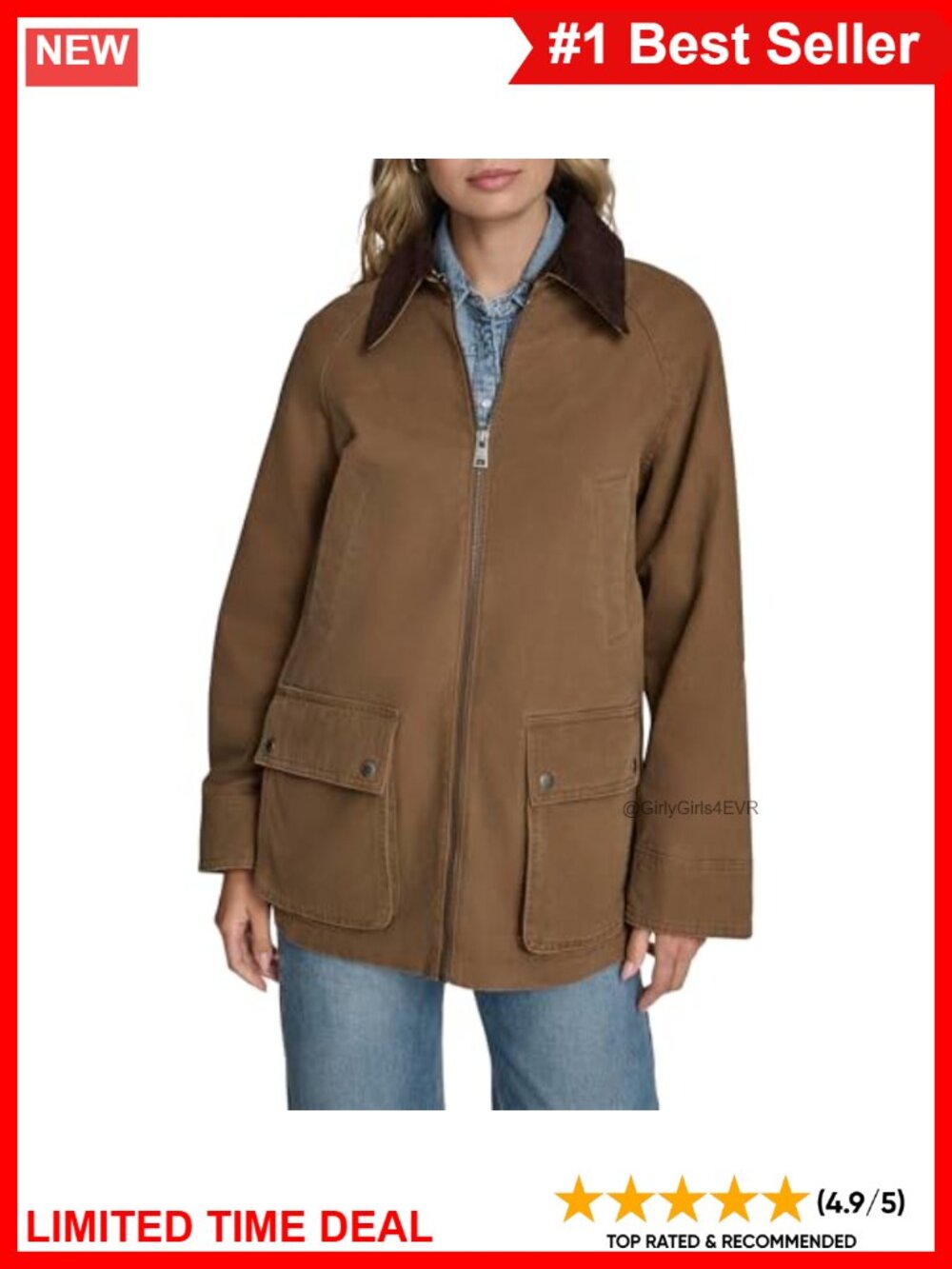 100% Cotton Barn Jacket with Laydown Collar and Full-Zip Front